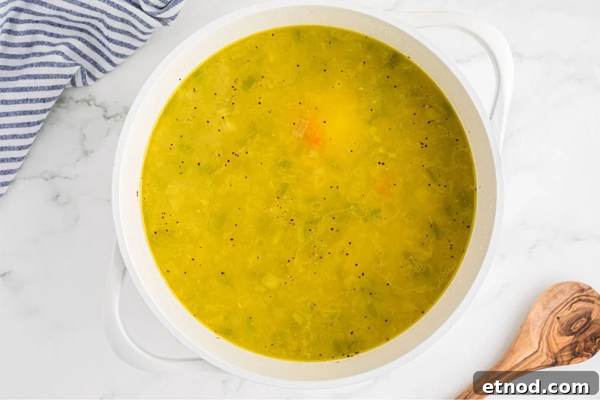 Creamy Homemade Chicken Noodle Soup Recipe for Comforting Dinner 6 chicken broth added to pot.