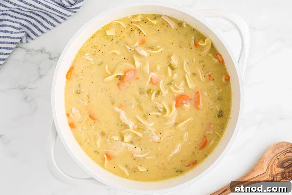Creamy Homemade Chicken Noodle Soup Recipe for Comforting Dinner 9 creamy soup added to soup in Dutch oven.