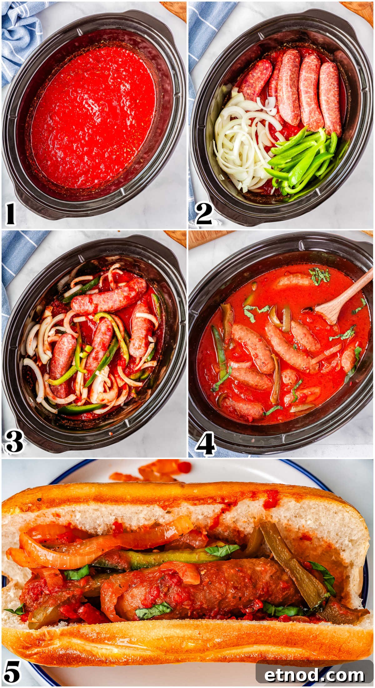Slow Cooker Sausage and Peppers Recipe for Tender, Flavorful Meals 4 A picture collage showing how to make this recipe from stirring together the sauce to adding the finished sausage and peppers on rolls.