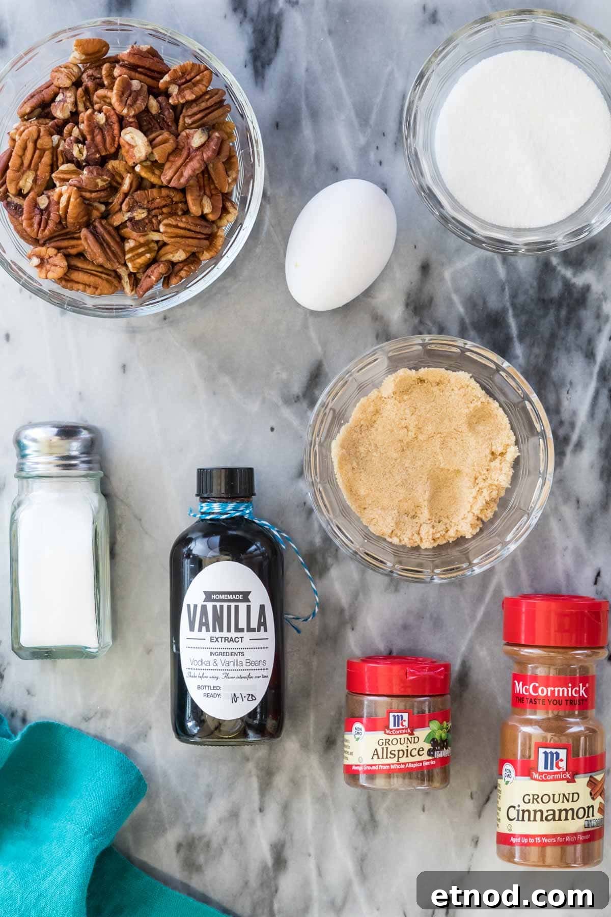 overhead view of ingredients for candied pecans