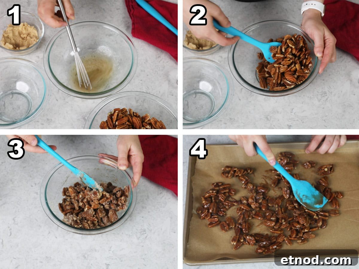 4 image collage showing how to make candied pecans: whisking egg, tossing nuts, mixing in cinnamon sugar, spreading on baking sheet