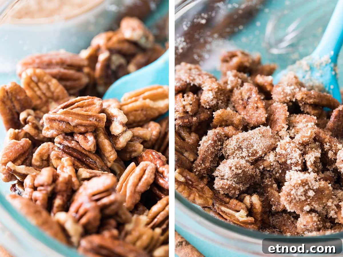 collage of two photos showing candied pecans before and after being coated with sugar and spices