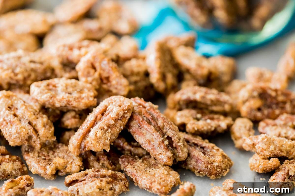 close-up view of candied pecans