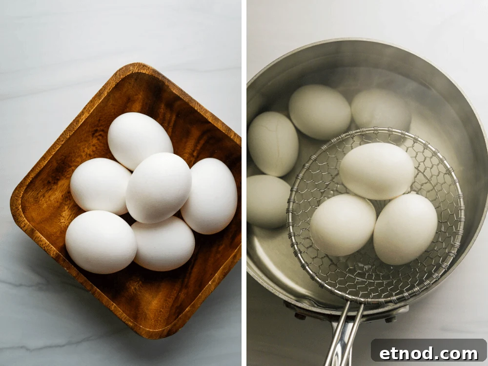 Southern-Style Deviled Eggs Recipe: Tangy Classic Appetizer 2 making hard boiled eggs in a large saucepan.