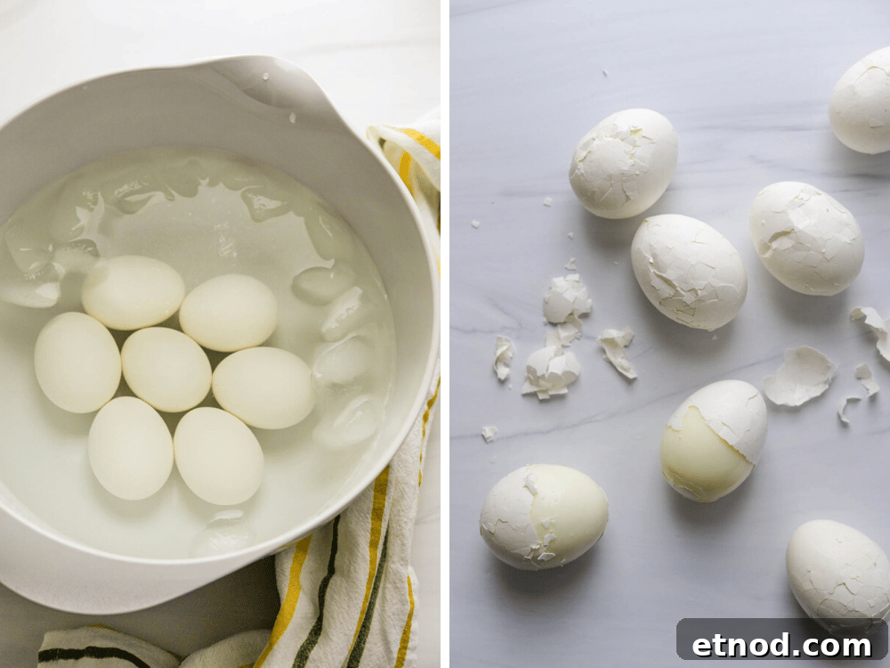Southern-Style Deviled Eggs Recipe: Tangy Classic Appetizer 3 placing cooked eggs in an ice bath to chill, then peeling the skins.