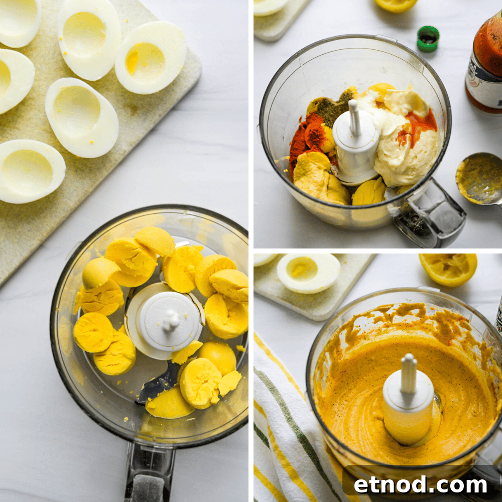 Southern-Style Deviled Eggs Recipe: Tangy Classic Appetizer 4 making the Southern deviled egg filling in the food processor.