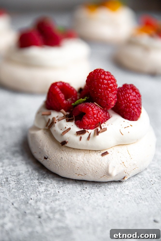 Close up side view of a mini pavlova topped with whipped cream and raspberries.