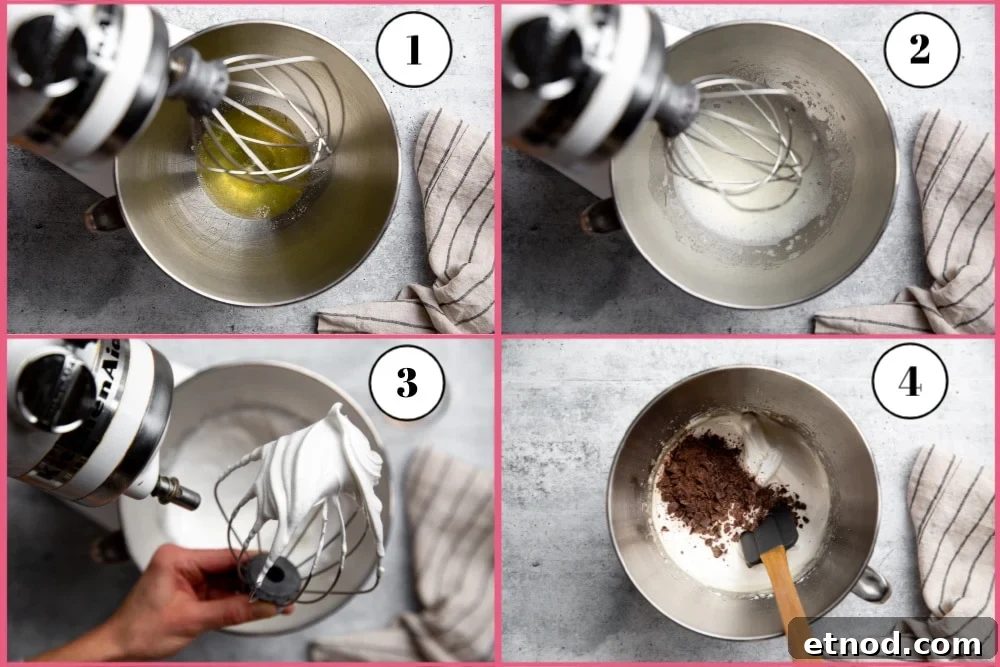 Process shot divided into four quadrants, showing how to make the meringue base for the pavlova.