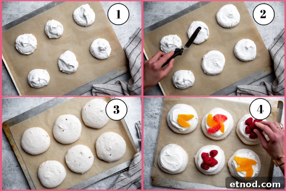 Process shot divided into four quadrants showing how to bake and assemble the pavlovas.