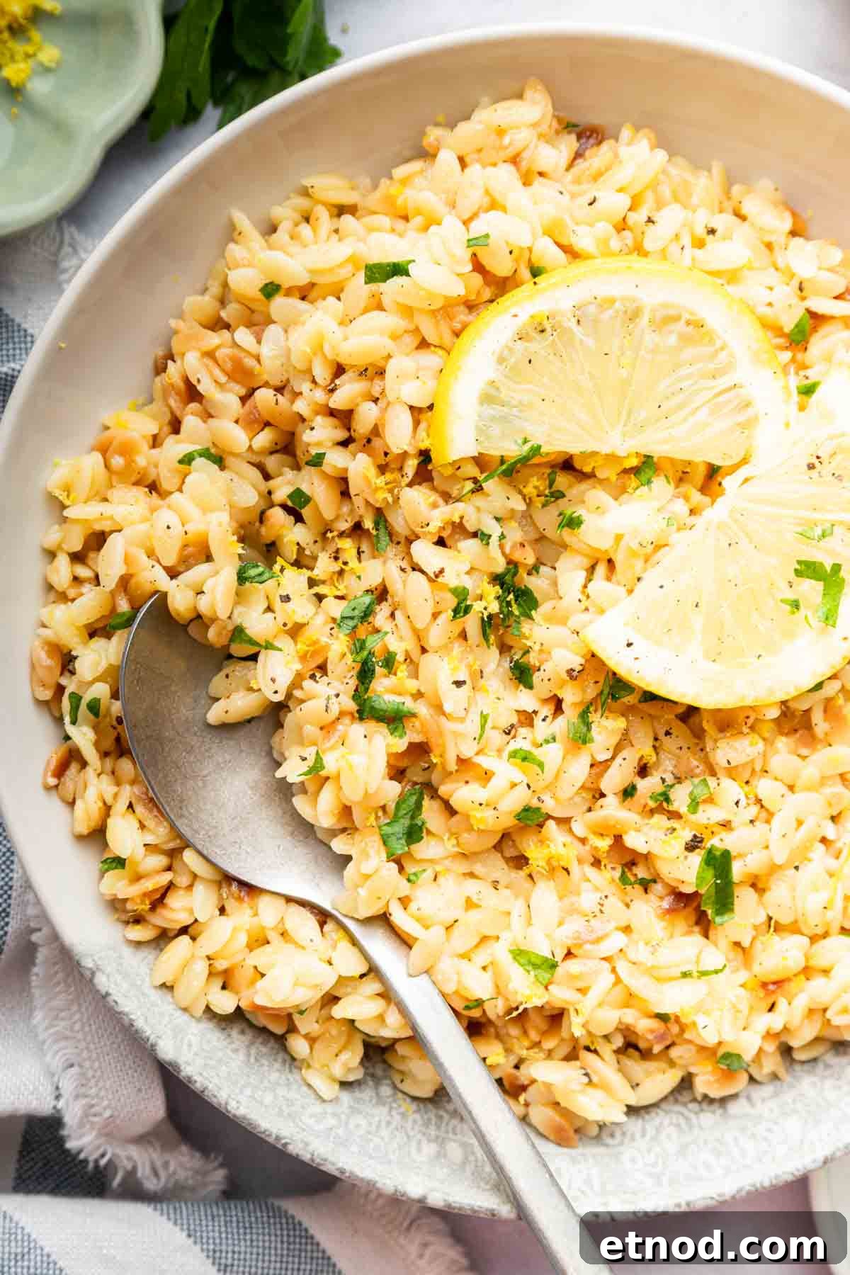 Creamy Lemon Orzo with Parmesan and Fresh Herbs 2 Bowl of lemon orzo garnished with lemon slices and a spoon.