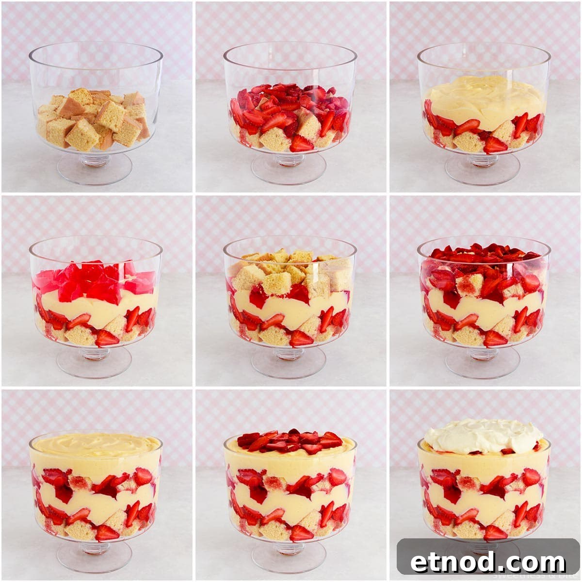 Gluten-Free Trifle Recipe: Light, Layered Dessert for Guests 8 Collage of nine images showing the gluten free trifle layers being assembled in a footed trifle bowl