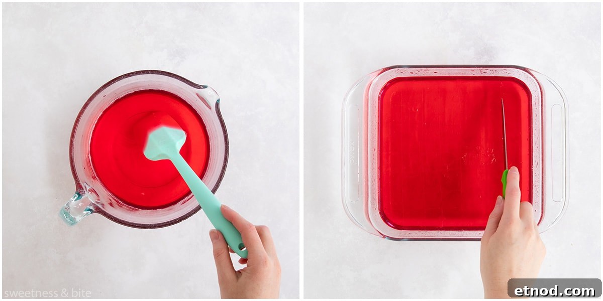 Gluten-Free Trifle Recipe: Light, Layered Dessert for Guests 5 Jelly being mixed in a bowl, and the set jelly in a dish being cut into squares