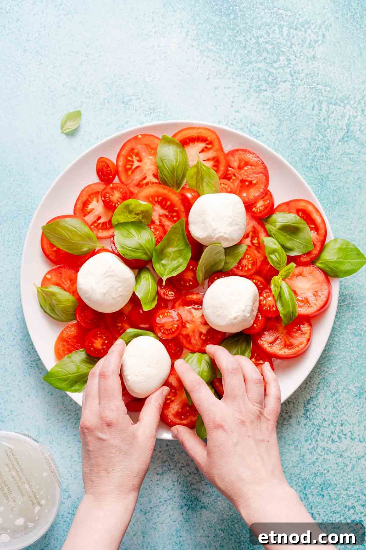 Creamy Burrata Caprese Salad with Heirloom Tomatoes 7 hands placing burrata balls on platter with tomatoes and basil.