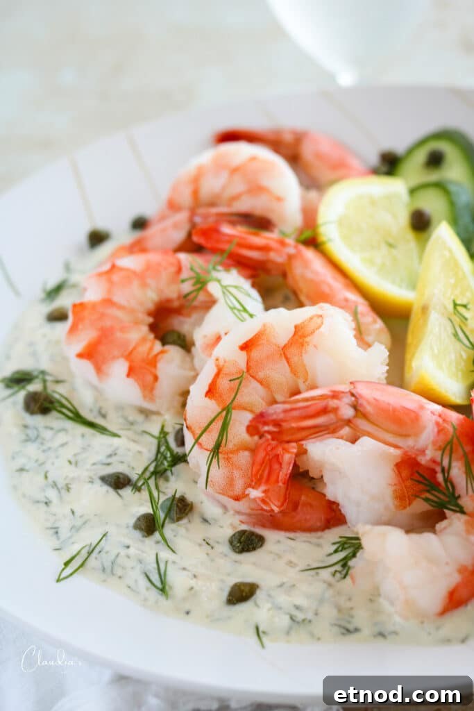 Chilled Shrimp Cocktail Recipe: Zesty Appetizer for Parties 3 chilled shrimp with fresh dill, capers with a yummy yogurt dill dressing