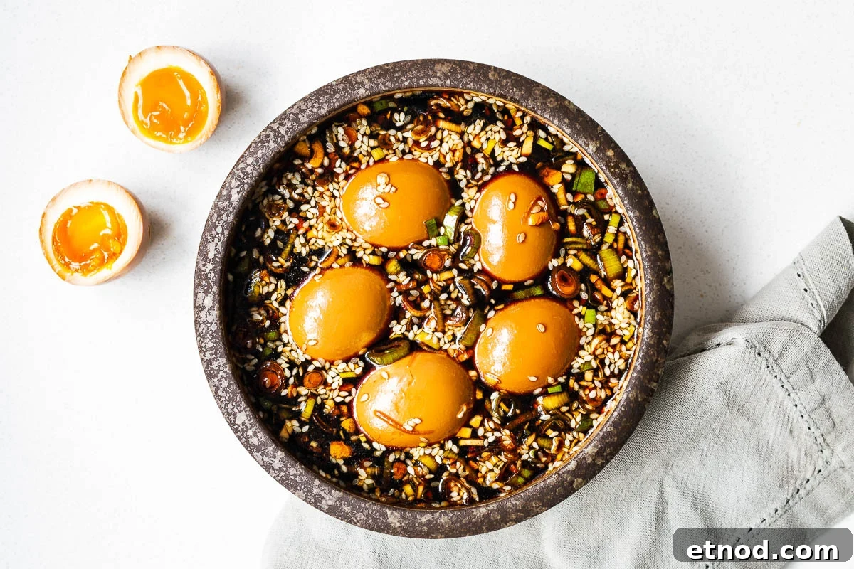 Mayak Eggs Recipe: Korean Soy-Marinated Soft-Boiled Eggs 12 Korean marinated boiled eggs in a soy-based marinade.