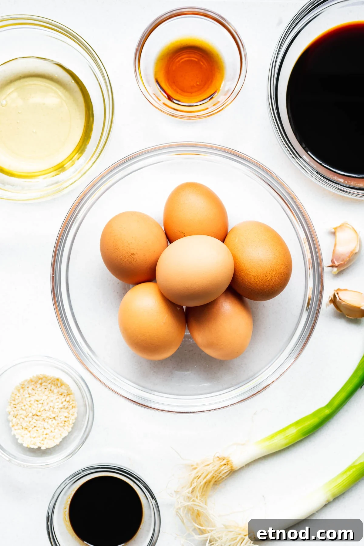 Mayak Eggs Recipe: Korean Soy-Marinated Soft-Boiled Eggs 3 The ingredients for Korean mayak eggs arranged on a kitchen counter viewed from above.