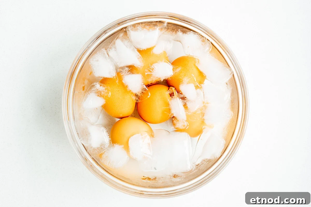 Mayak Eggs Recipe: Korean Soy-Marinated Soft-Boiled Eggs 7 Boiled eggs in an ice water bath.