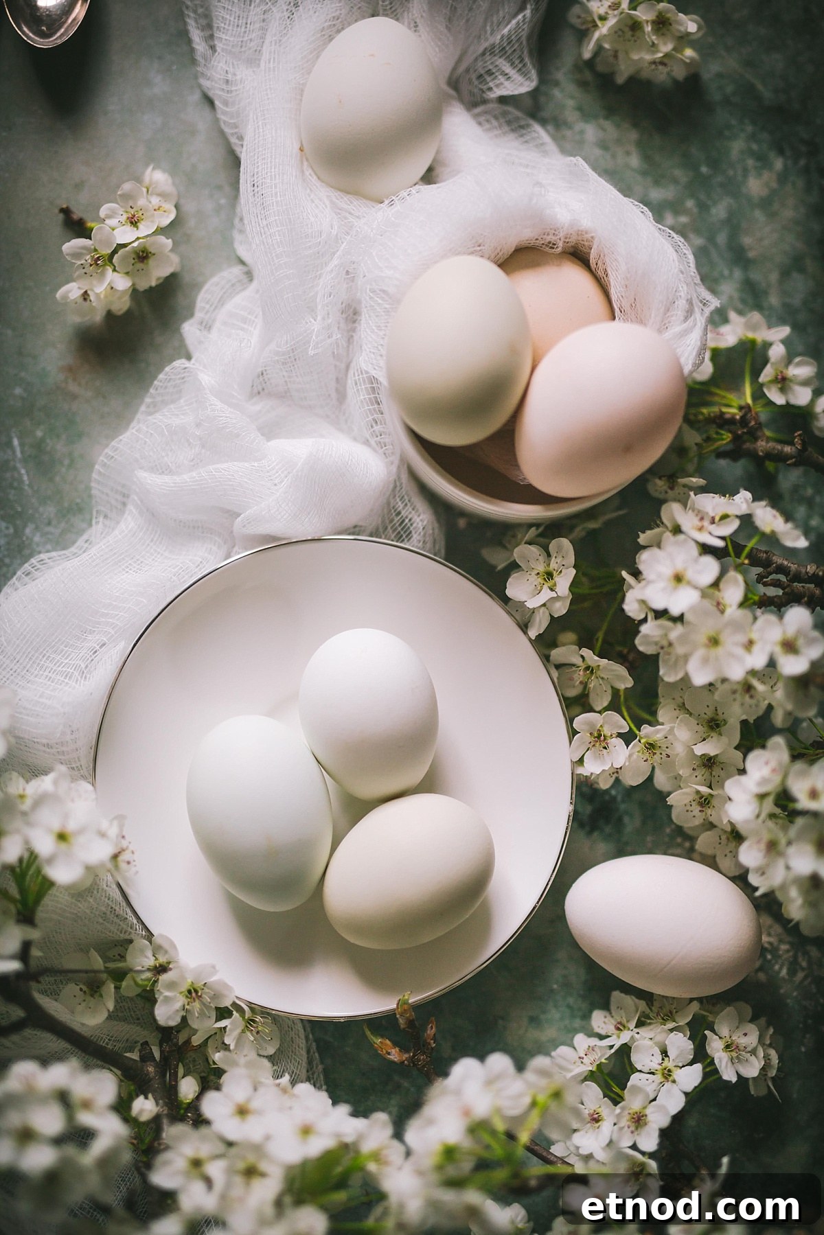 eggs in soft spring colors surrounded by cherry blossoms - for beignet without yeast recipe
