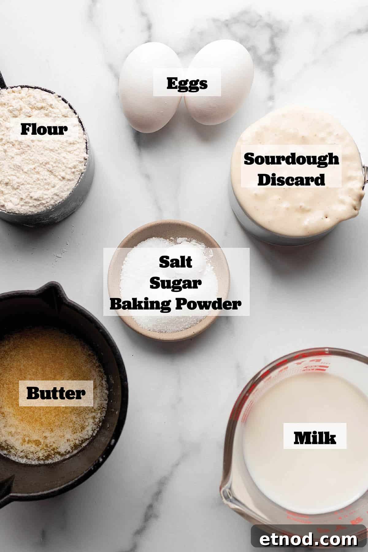 Crispy Sourdough Discard Waffles You’ll Want for Breakfast 3 Ingredients to make waffles. Flour, eggs, sourdough starter, milk butter, baking powder, sugar and salt.
