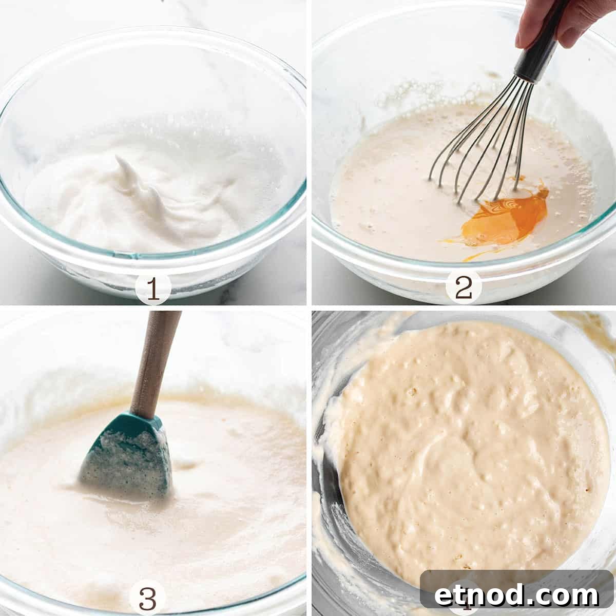 Crispy Sourdough Discard Waffles You’ll Want for Breakfast 4 Four images of waffle batter being mixed. Whipped eggs and a spatula folding everything together.