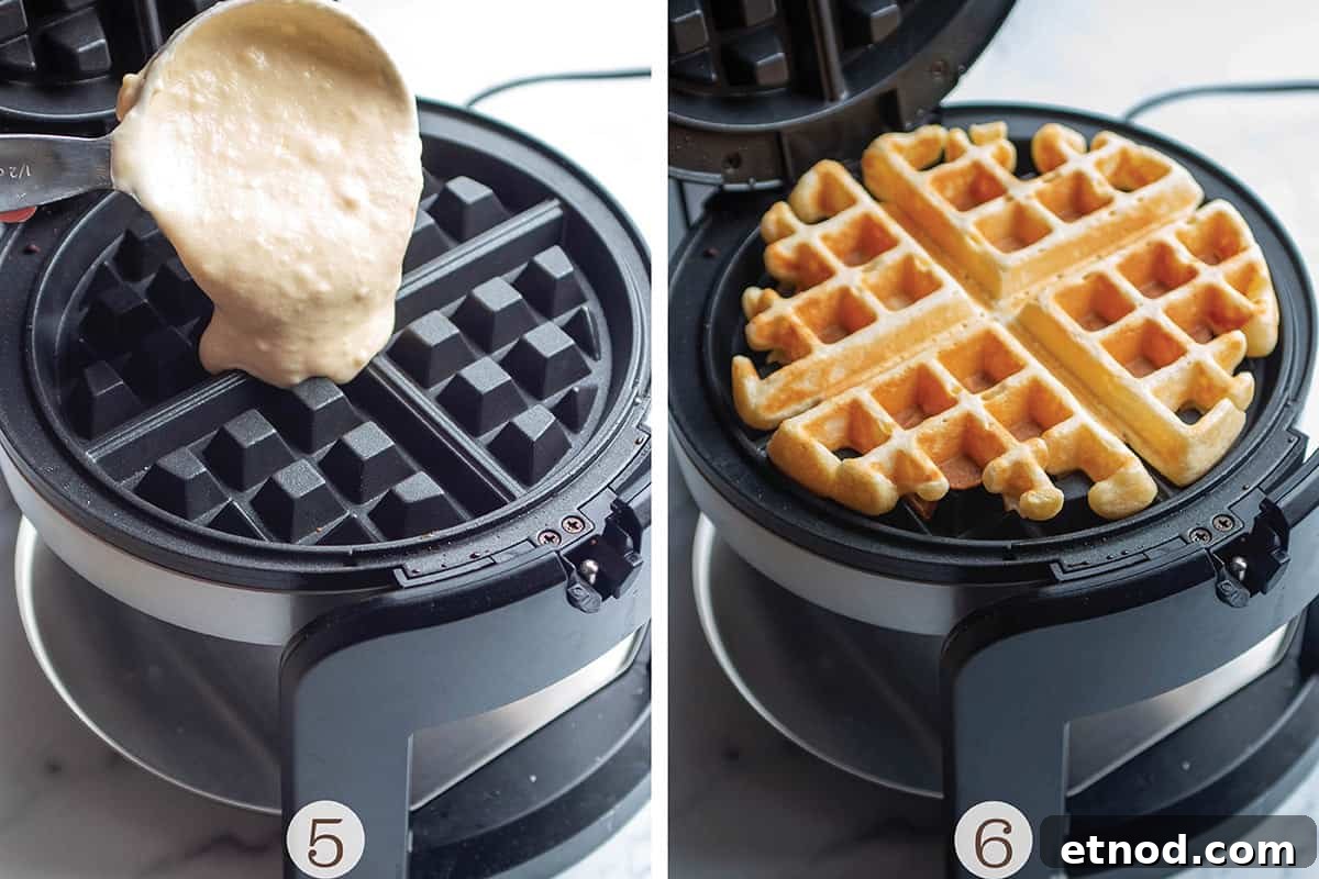 Crispy Sourdough Discard Waffles You’ll Want for Breakfast 5 Two photos of waffles being made. One pouring the batter on and one with a cooked waffle.