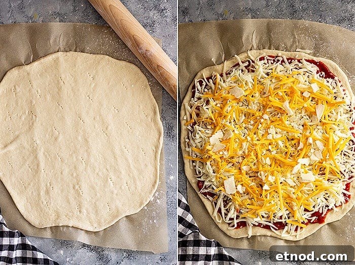 overhead collage: rolled out cheese pizza recipe dough and the dough covered with sauce and cheese