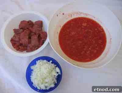 Greek Beef with Artichokes Recipe (Moschari me Agkinares) 6 Beef, onion and tomatoes for moschari-me-agkinares
