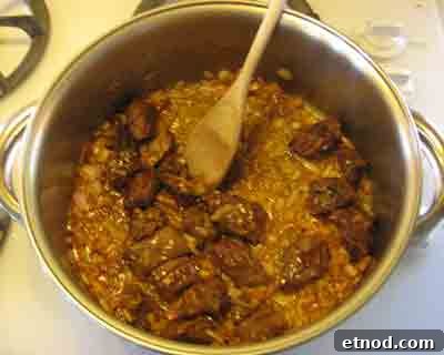 Greek Beef with Artichokes Recipe (Moschari me Agkinares) 10 Saute the onions with the beef for about 5 minutes for moschari-me-agkinares