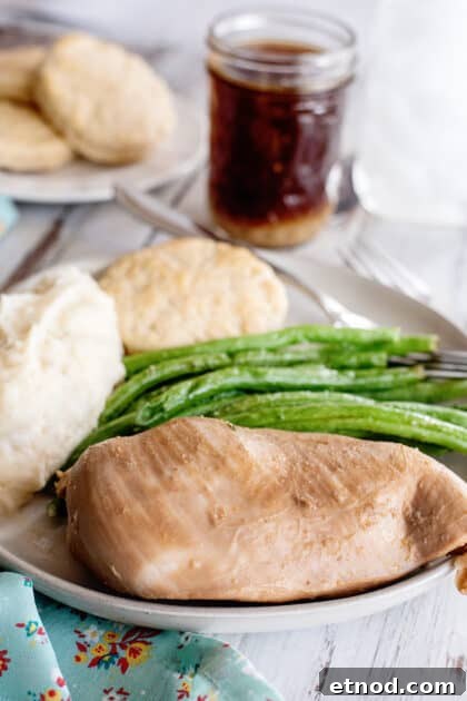 Marinated chicken breast with green beans and mashed potato. All purpose marinade in background.