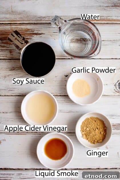 Labeled ingredients for all purpose marinade.