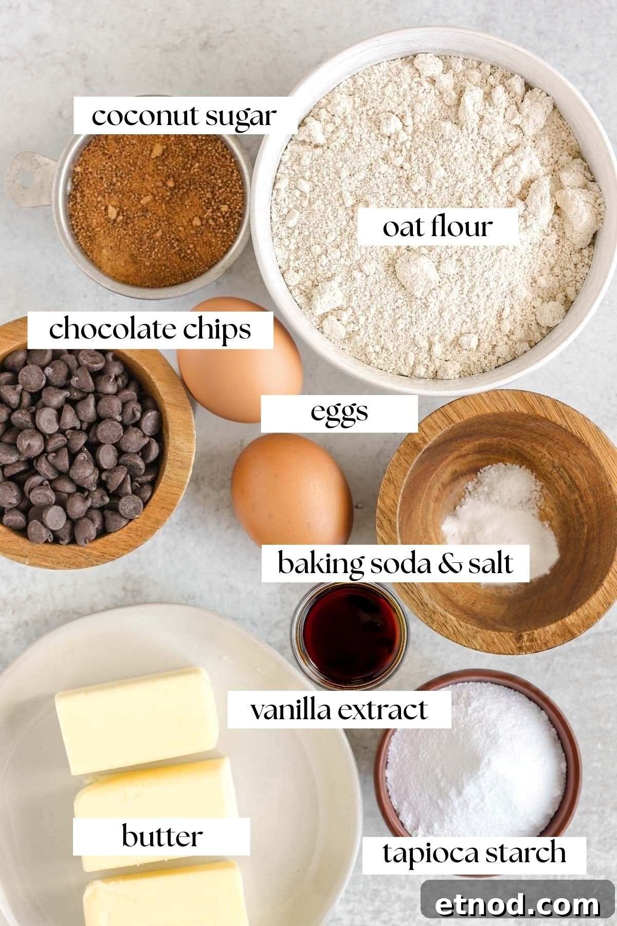 Labeled ingredients for oat flour chocolate chip cookies.