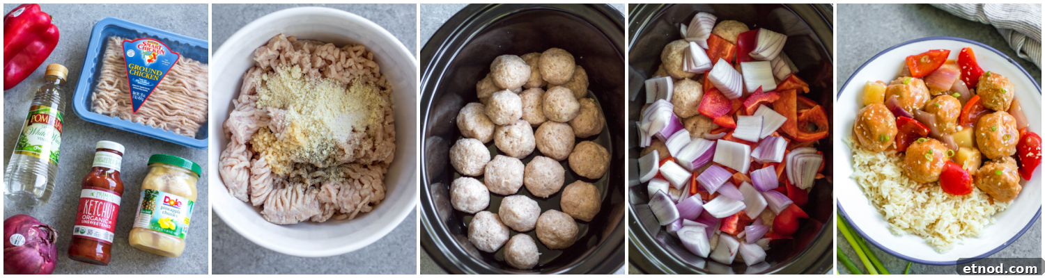 Slow Cooker Sweet and Sour Chicken Meatballs (Whole30, Paleo, GF) 4 Meatballs in slow cooker with vegetables