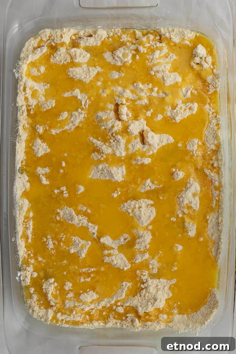 5-Ingredient Peach Cobbler Using Cake Mix Recipe 6 melted butter poured over cake mix topping on peach cobbler