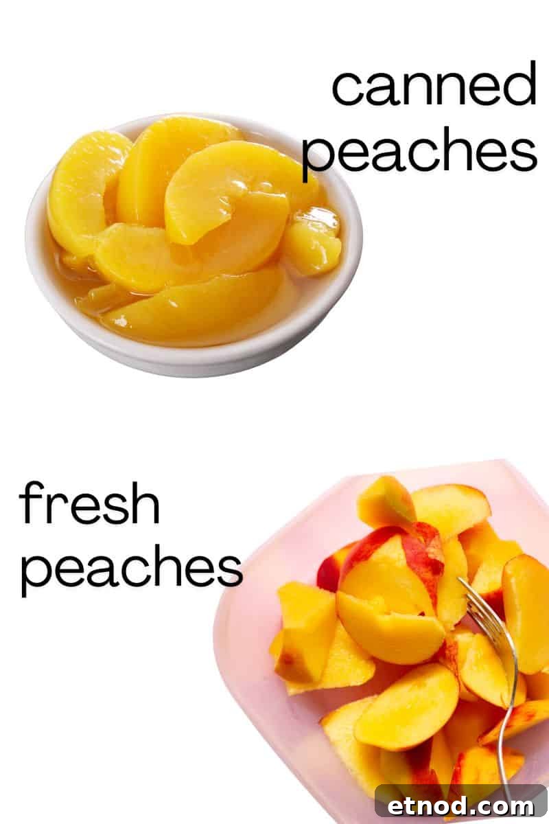 5-Ingredient Peach Cobbler Using Cake Mix Recipe 8 canned peaches vs fresh peaches in bowls