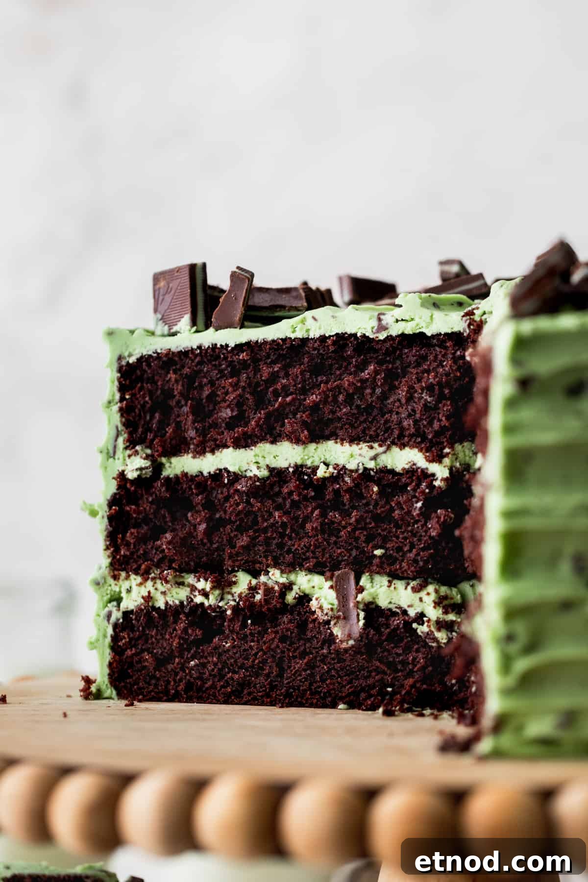 Andes Mint Chocolate Cake Recipe: Rich, Decadent Layer Cake 12 Close up of sliced up cake on