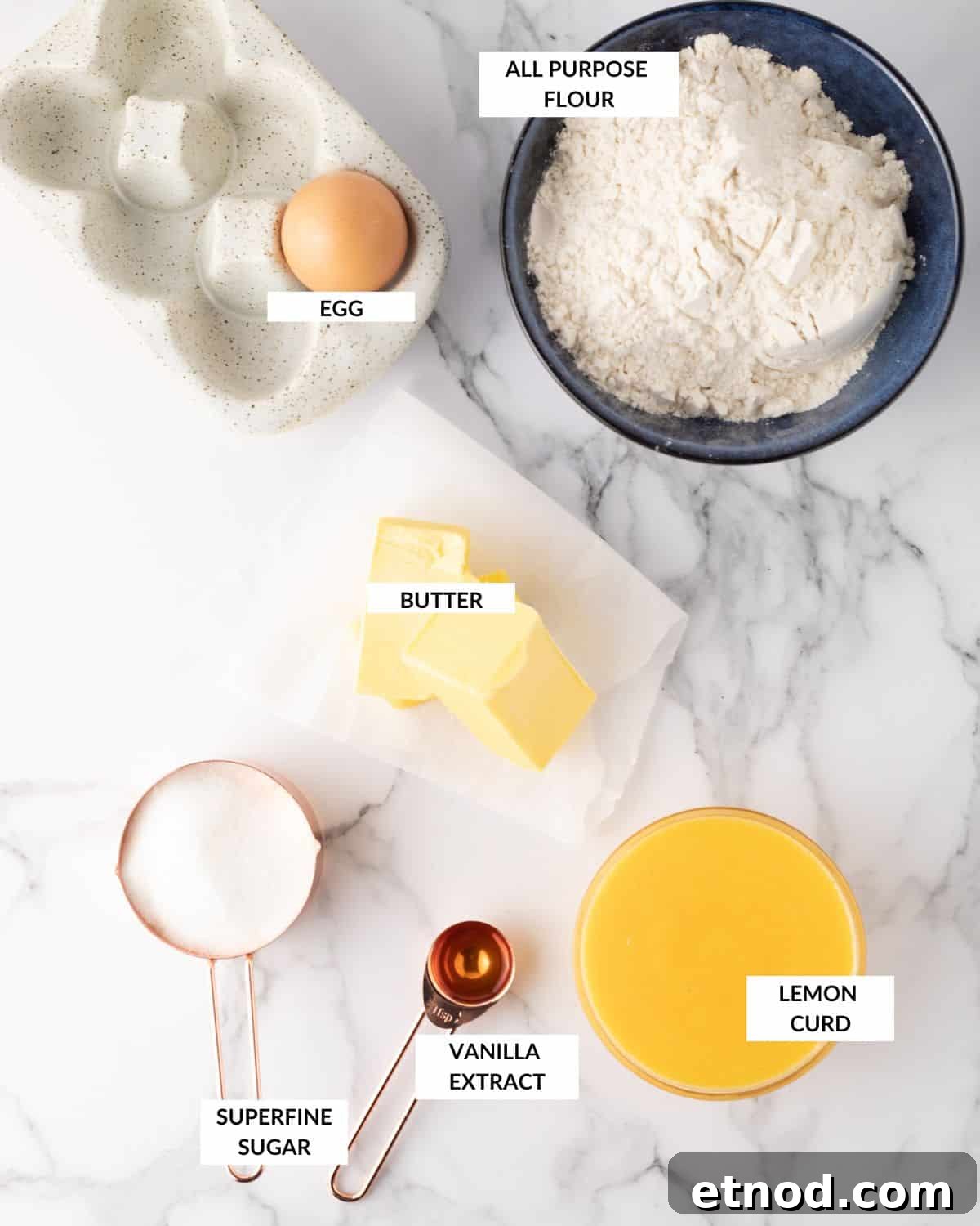 Lemon Curd Thumbprint Cookies — Zesty Jam-Filled Shortbread 3 Labeled ingredients for making lemon curd cookies - check recipe card for details