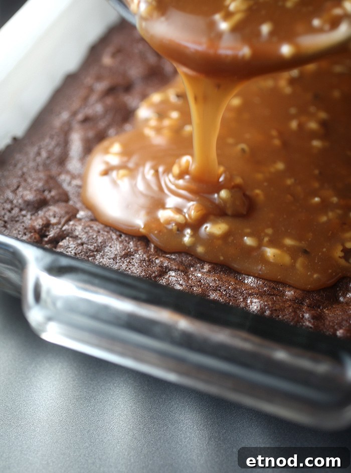 Salted Caramel Crunch Brownies with Chocolate Swirls 5 Caramel Topping