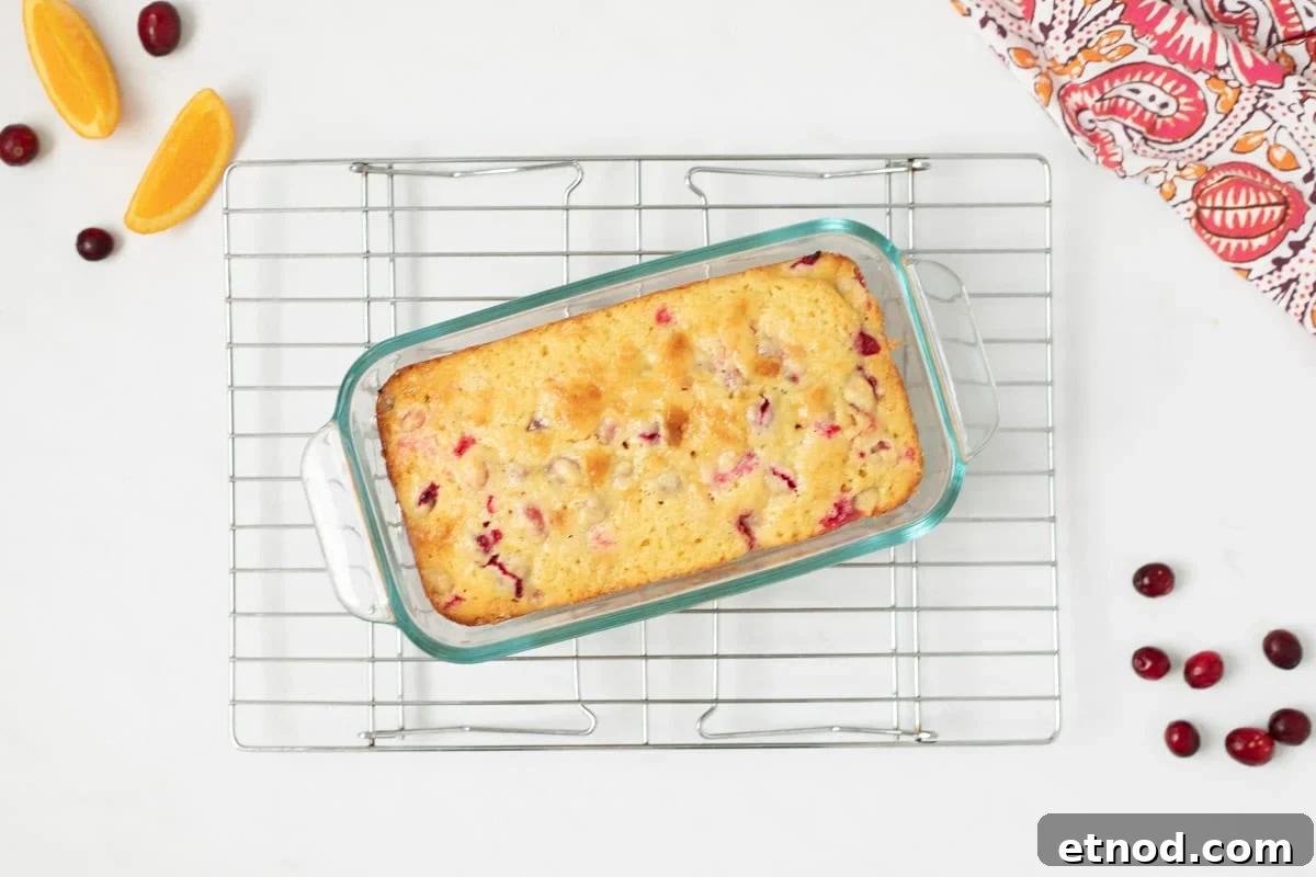 Cranberry Bread with Orange Glaze Baked cranberry orange quick bread in glass loaf pan on wire cooling rack.
